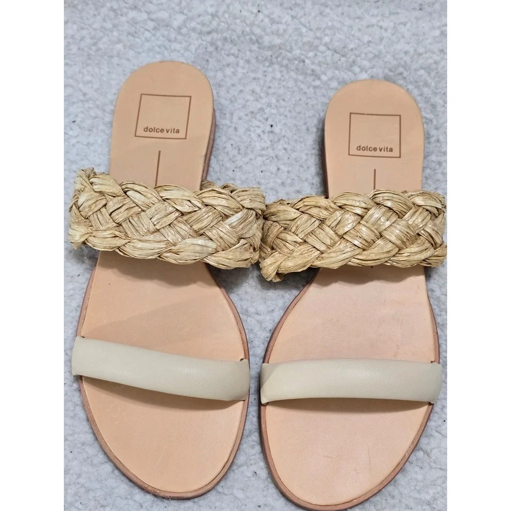Dolce Vita Womens Sz 8 Braided Raffia Slide Sandals Cream Tan Flat Summer Shoes